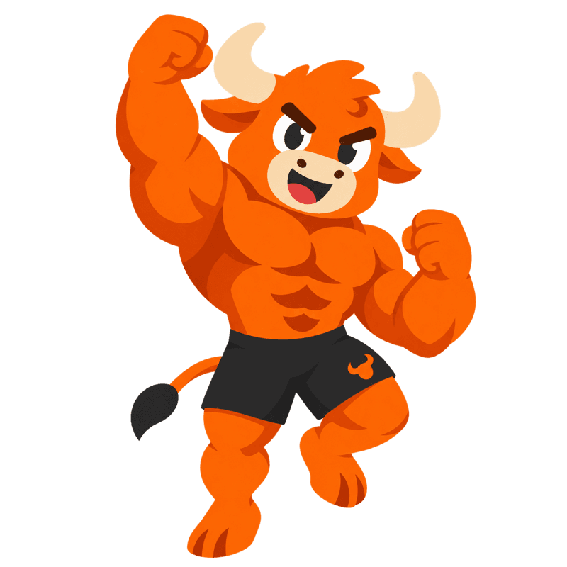 Rocco, el toro naranja, flexionando ambos brazos